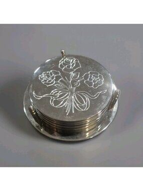 Vintage Silver Plated Coaster Set of 6 w/ Caddy Embossed Scroll Floral